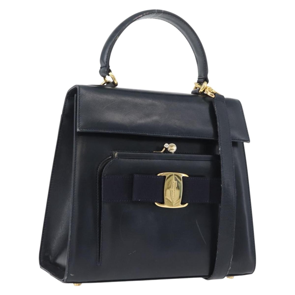 Salvatore Ferragamo Hand Bag Leather 2way Navy Gold Auth ki6504
