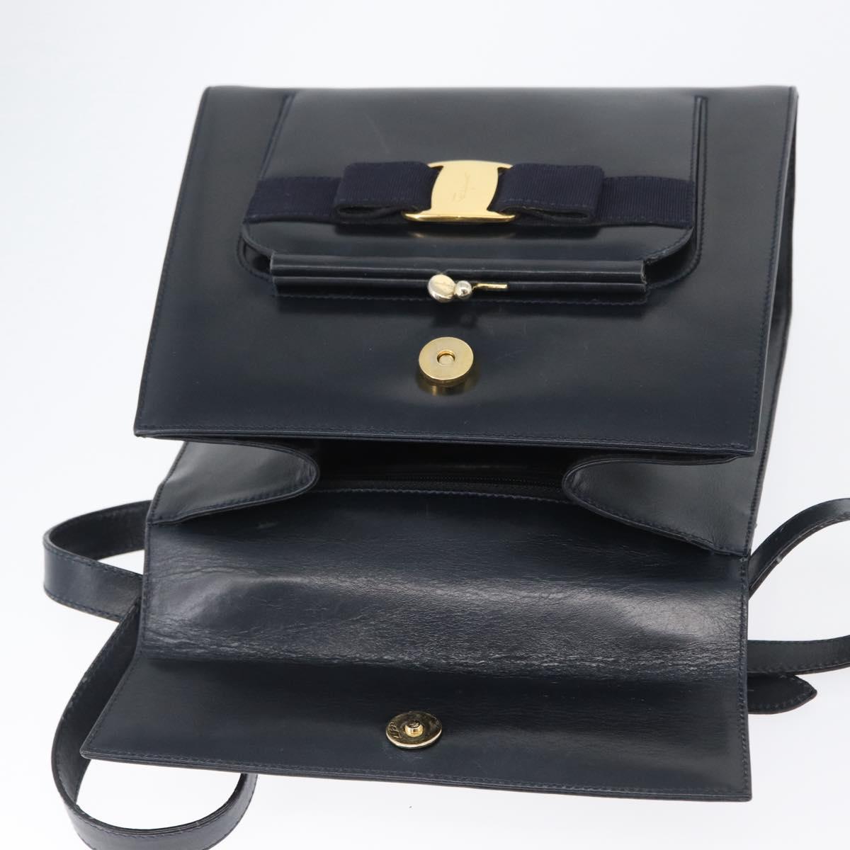 Salvatore Ferragamo Hand Bag Leather 2way Navy Gold Auth ki6504
