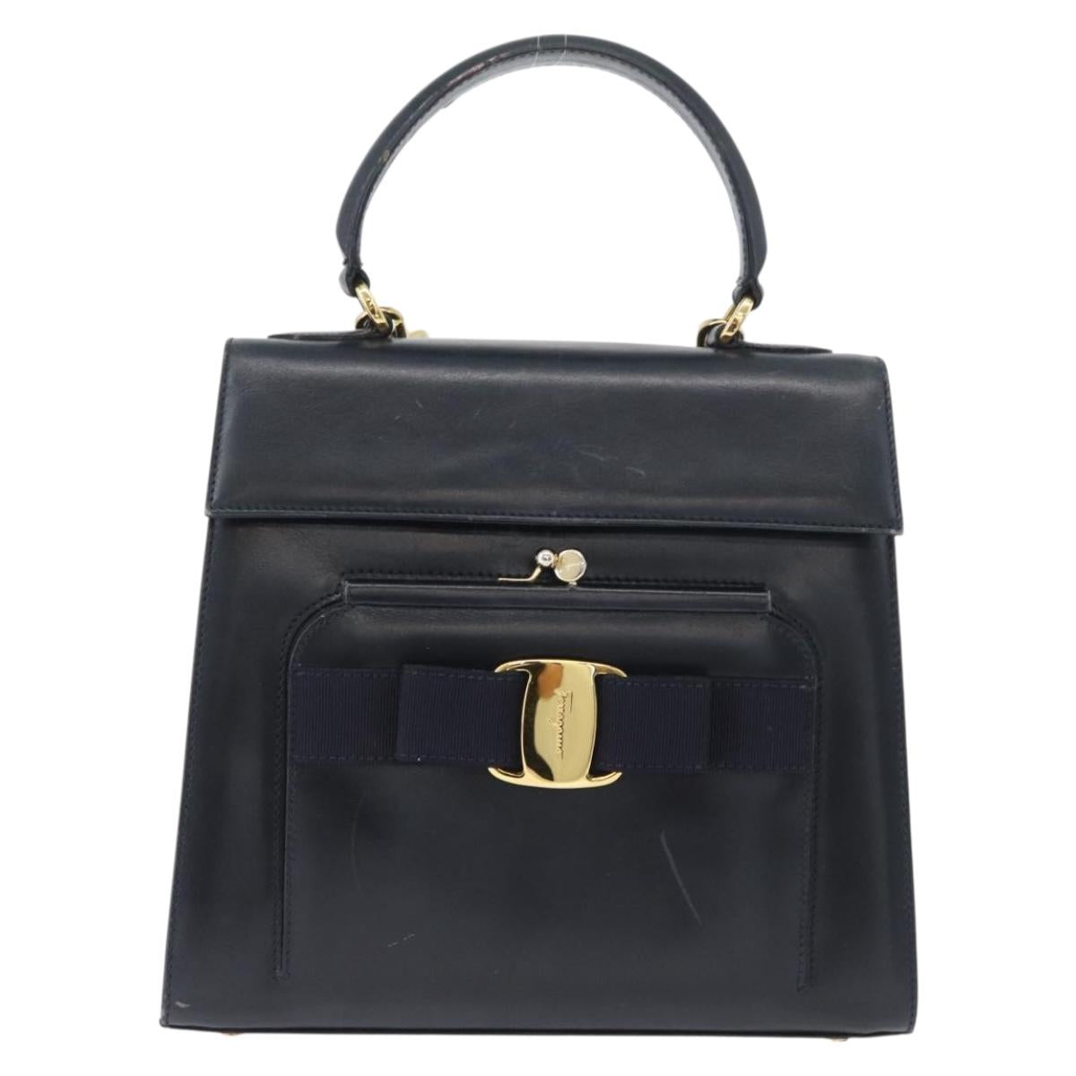 Salvatore Ferragamo Hand Bag Leather 2way Navy Gold Auth ki6504