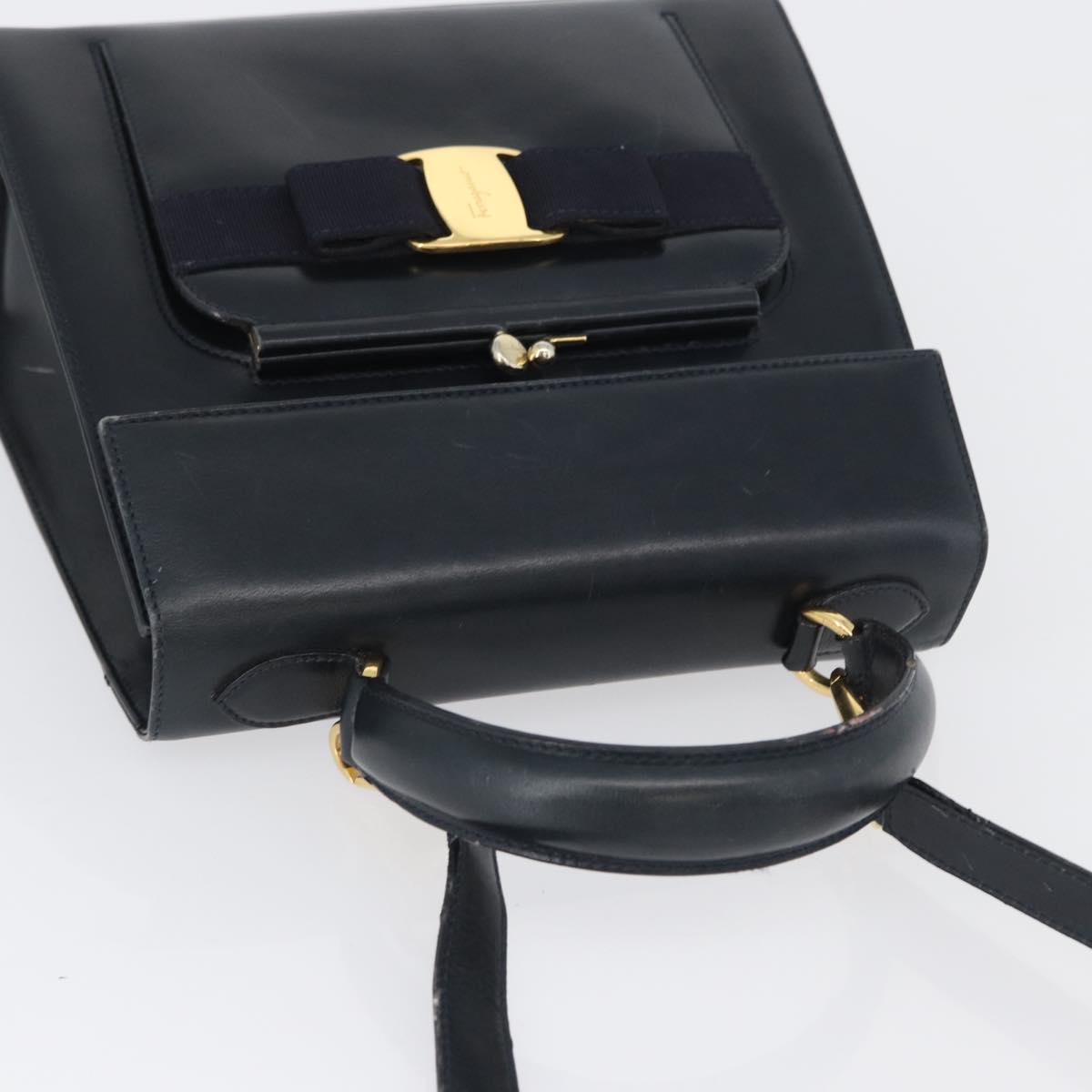 Salvatore Ferragamo Hand Bag Leather 2way Navy Gold Auth ki6504