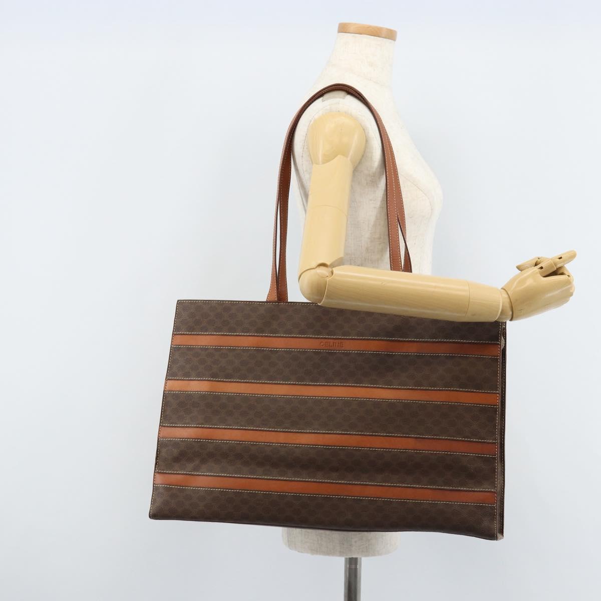 CELINE Macadam Canvas Tote Bag PVC Leather Brown Gold Auth ki6506