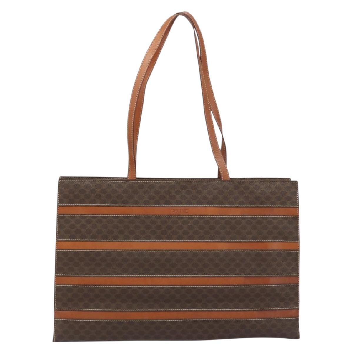 CELINE Macadam Canvas Tote Bag PVC Leather Brown Gold Auth ki6506