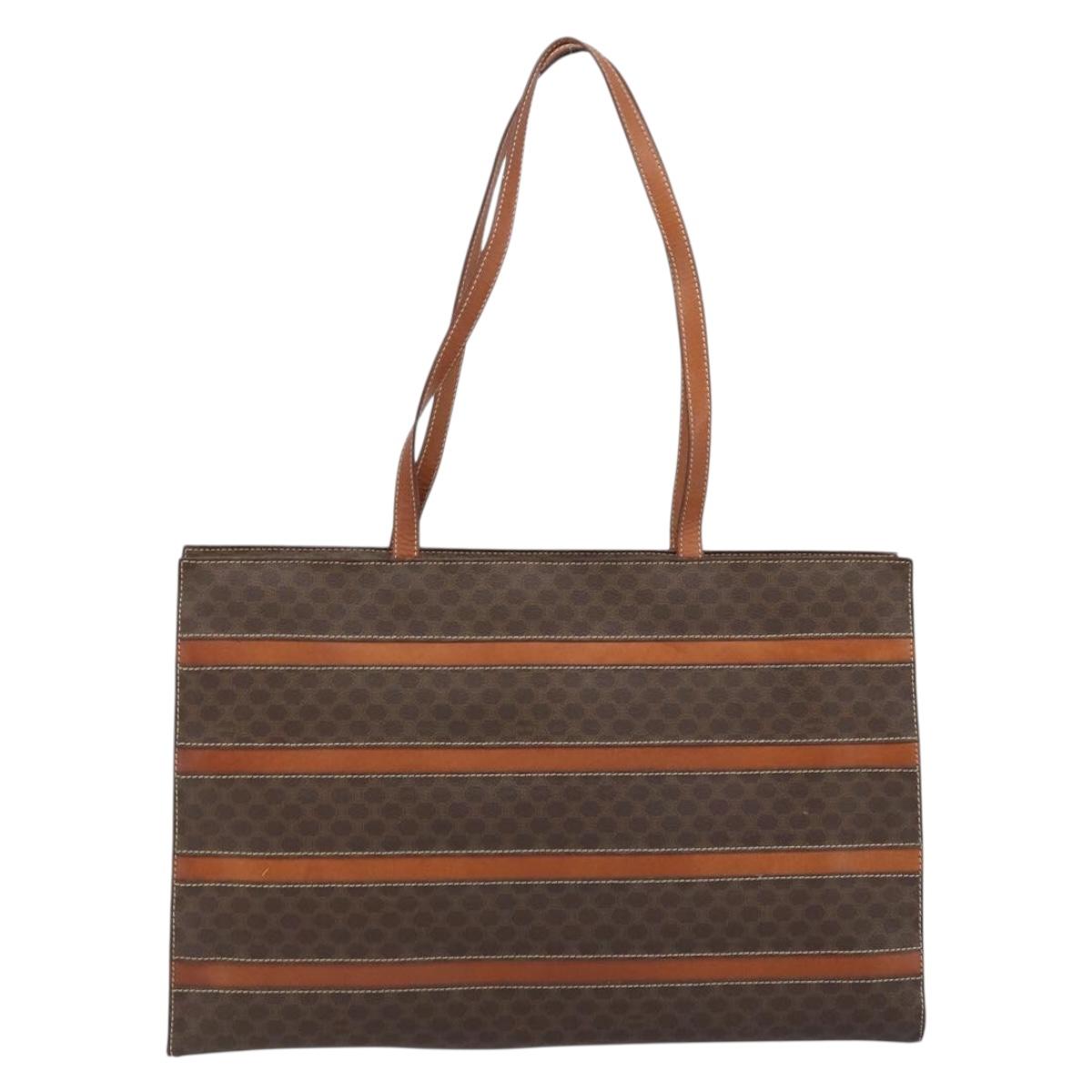 CELINE Macadam Canvas Tote Bag PVC Leather Brown Gold Auth ki6506