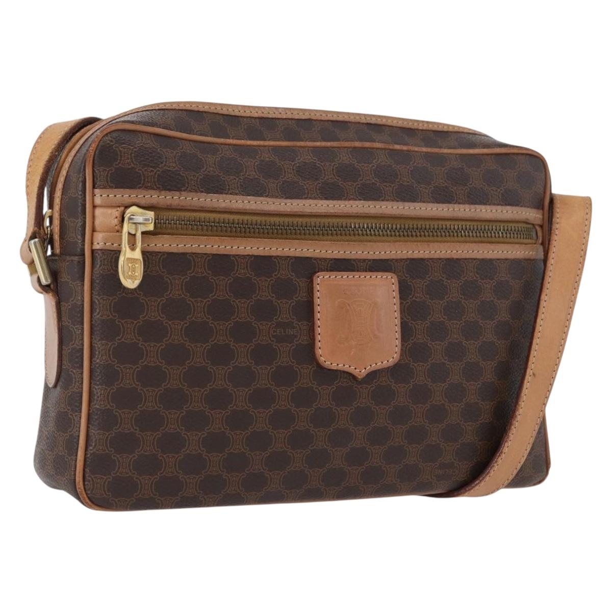 CELINE Macadam Canvas Shoulder Bag PVC Leather Brown Gold Auth ki6508
