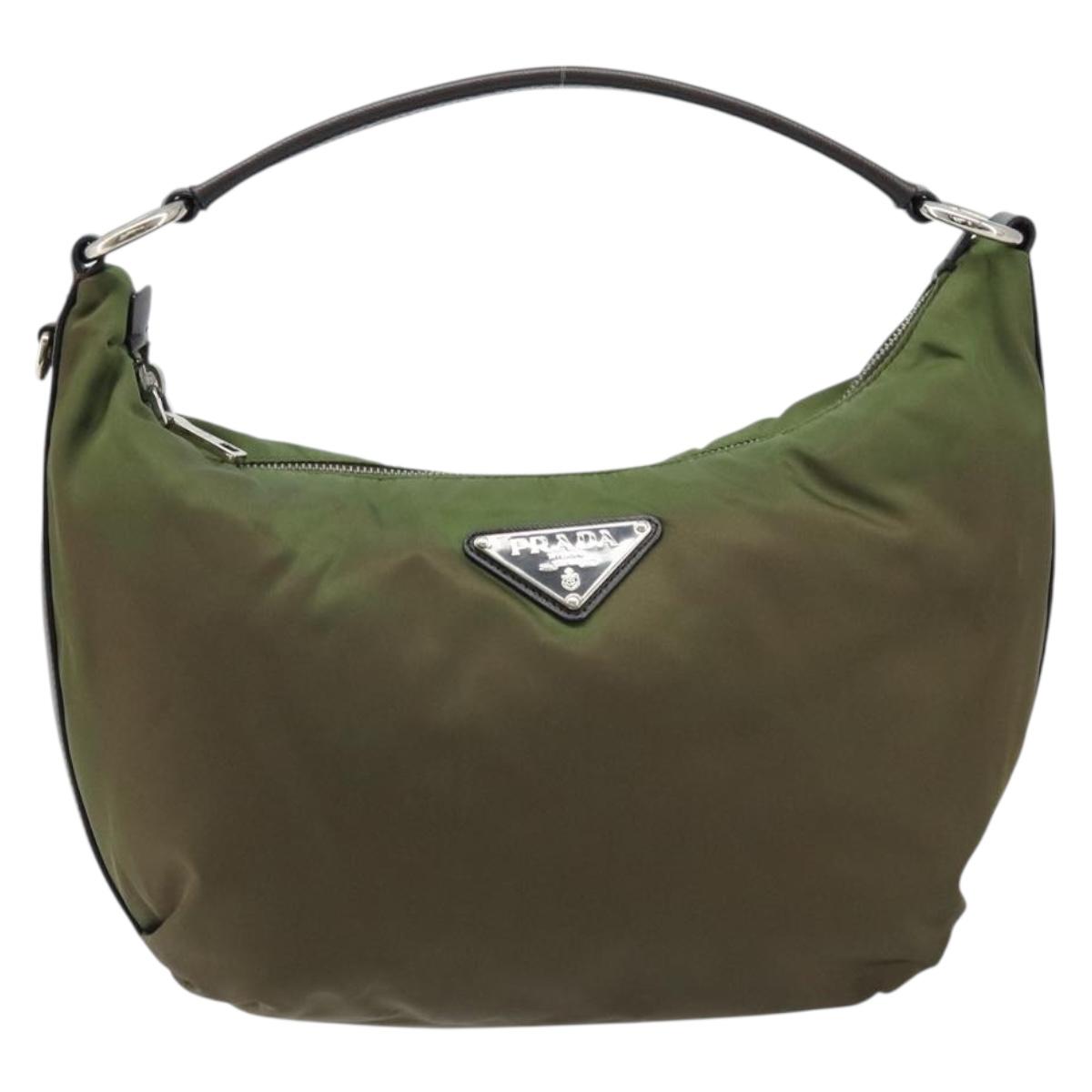 PRADA Shoulder Bag Nylon Silver Khaki Auth ki6511