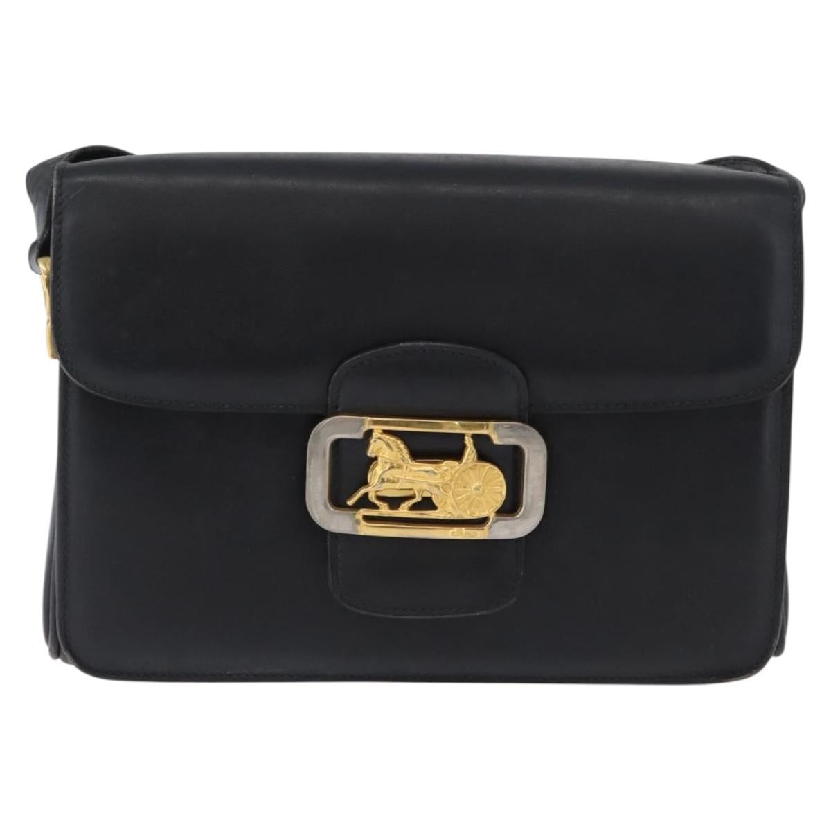 CELINE Horse Carriage Shoulder Bag Leather Black Gold Auth ki6513