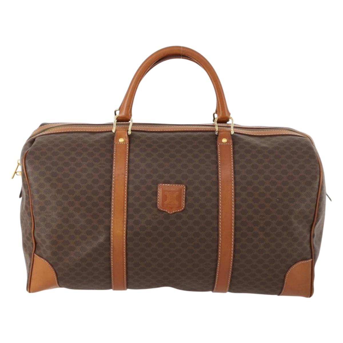 CELINE Macadam Canvas Boston Bag PVC Leather Brown Gold Auth ki6517