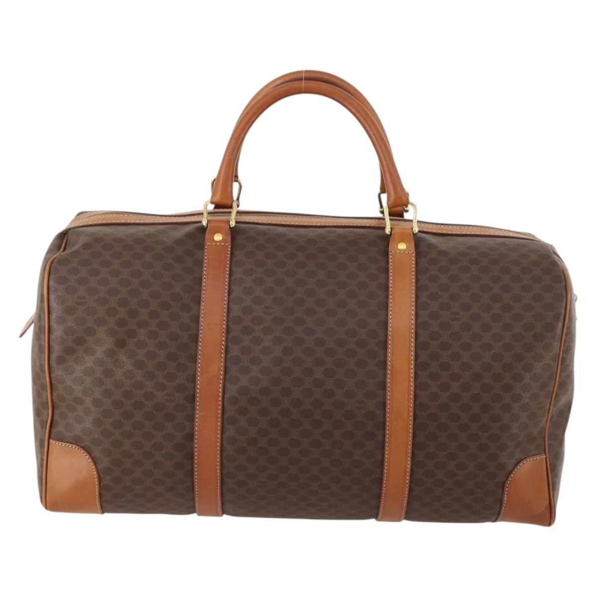 CELINE Macadam Canvas Boston Bag PVC Leather Brown Gold Auth ki6517
