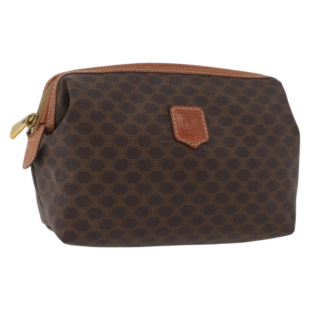 CELINE Macadam Canvas Pouch PVC Leather Brown Gold Auth ki6520