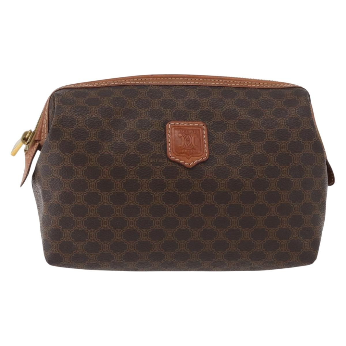 CELINE Macadam Canvas Pouch PVC Leather Brown Gold Auth ki6520