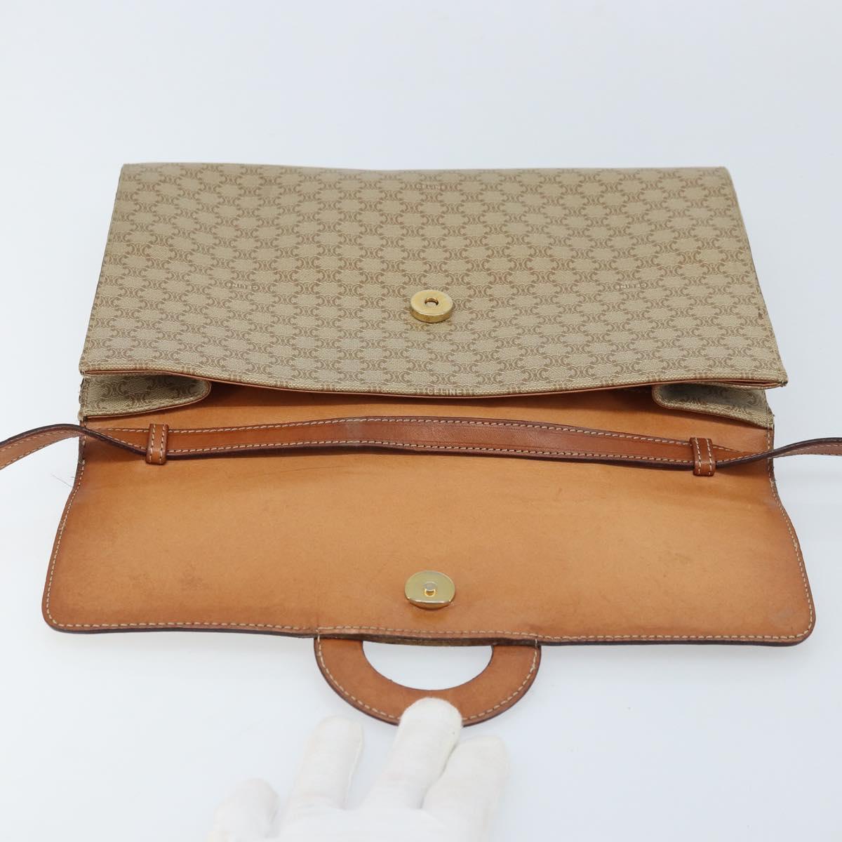 CELINE Macadam Canvas Circle Logo Bag PVC Leather Beige Gold Auth ki6527