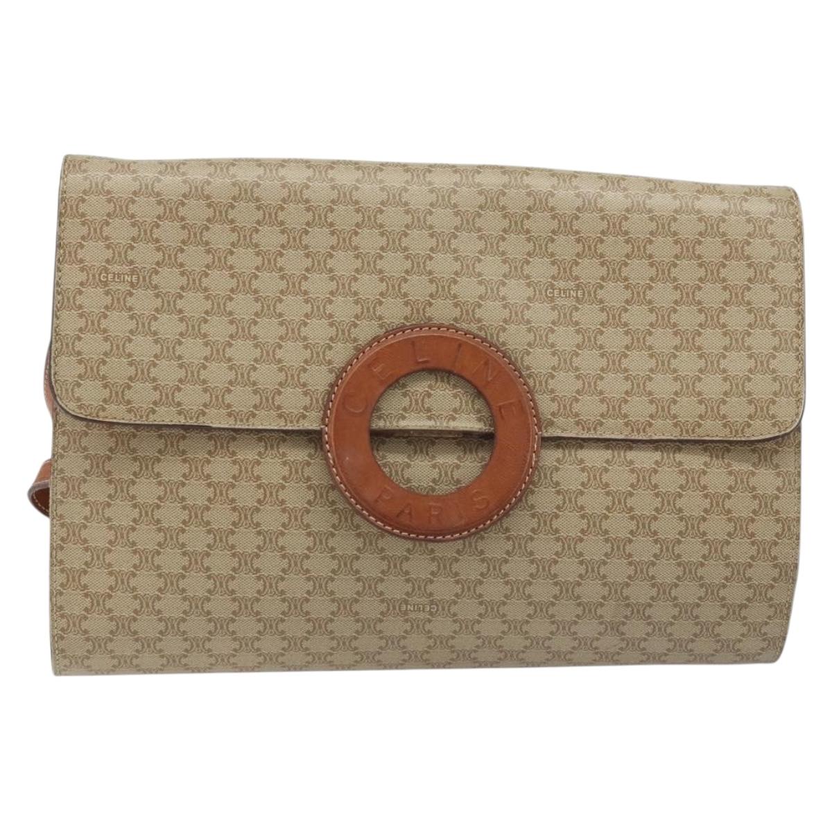 CELINE Macadam Canvas Circle Logo Bag PVC Leather Beige Gold Auth ki6527