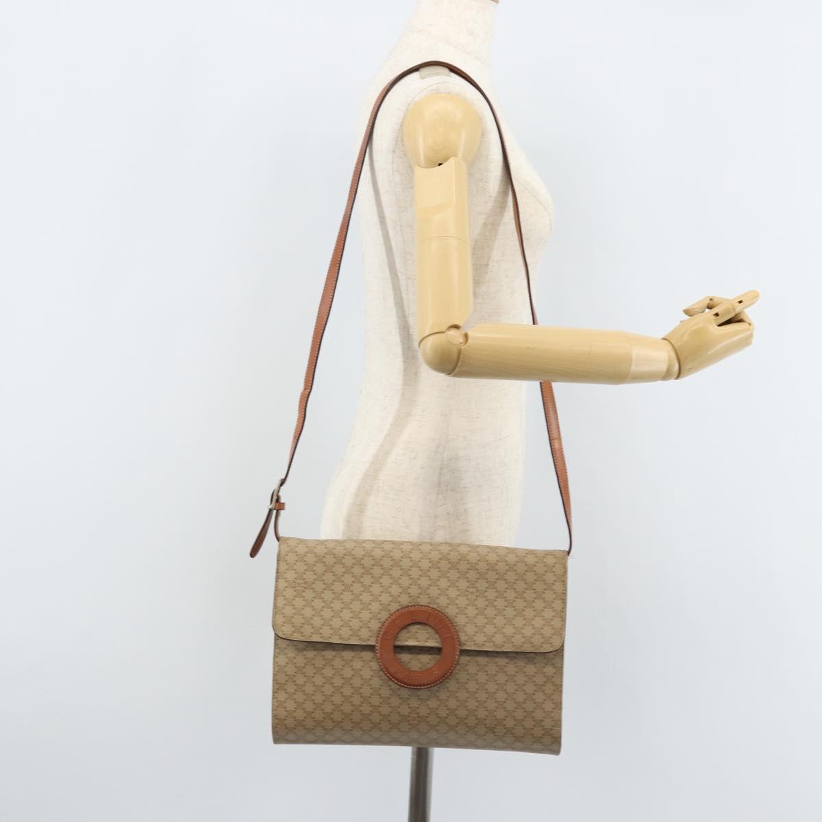 CELINE Macadam Canvas Circle Logo Bag PVC Leather Beige Gold Auth ki6527