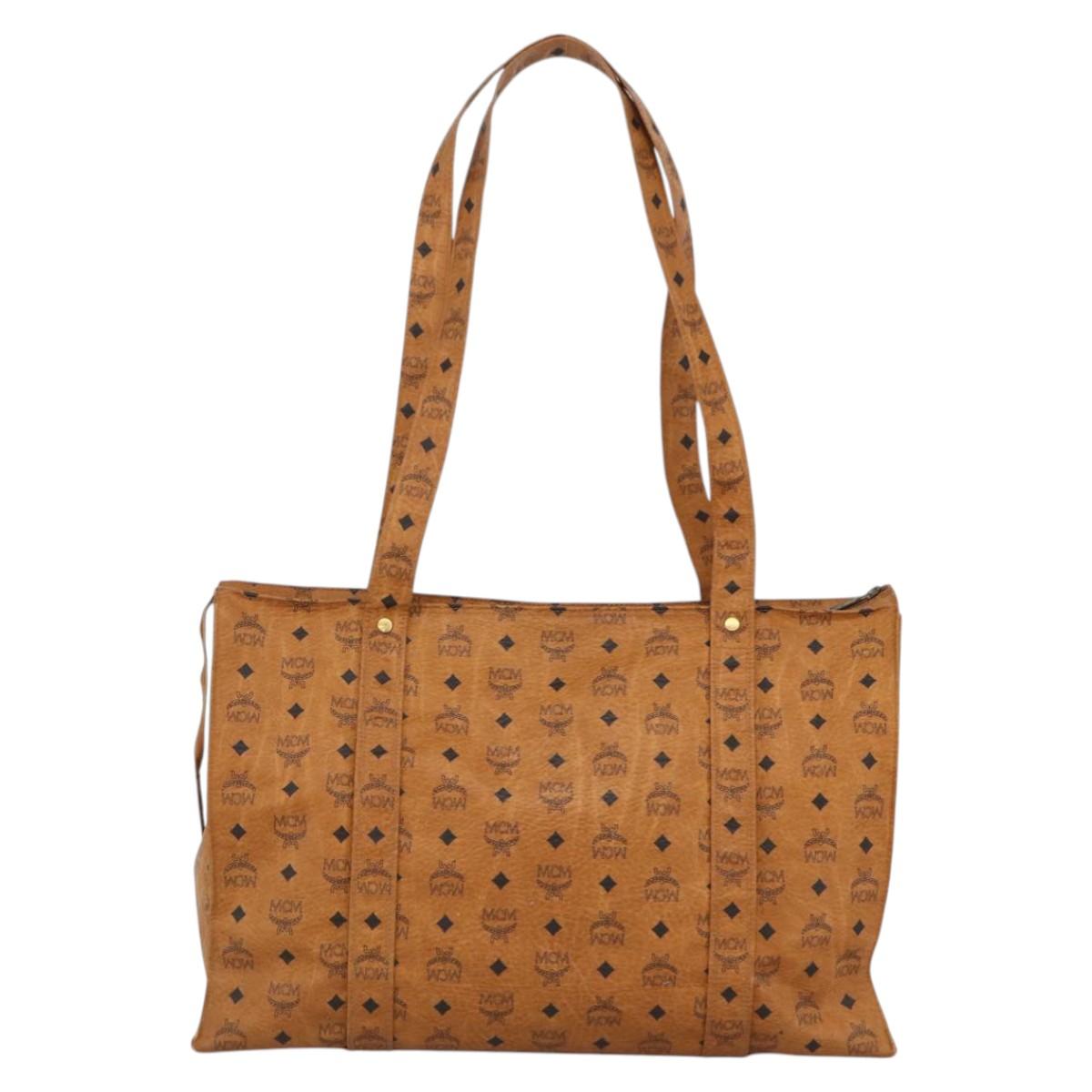 MCM Logogram Vicetos Tote Bag PVC Brown Gold Auth ki6533