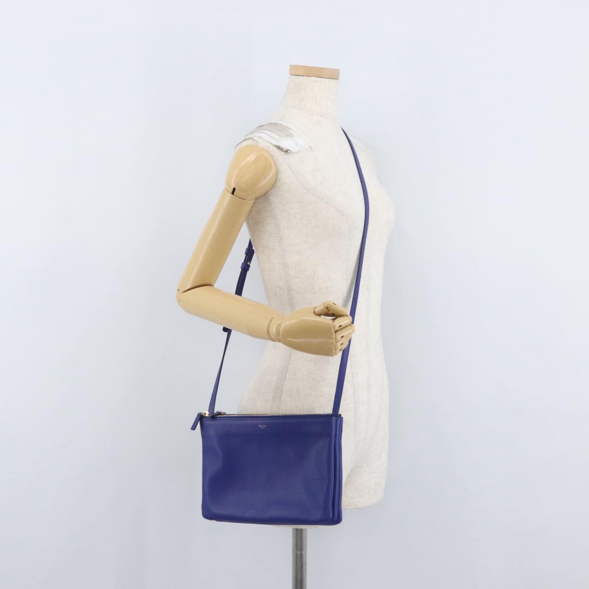 CELINE Trio Large Shoulder Bag Leather Blue Gold Auth ki6538