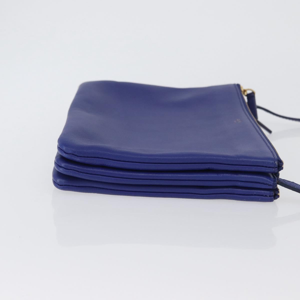 CELINE Trio Large Shoulder Bag Leather Blue Gold Auth ki6538