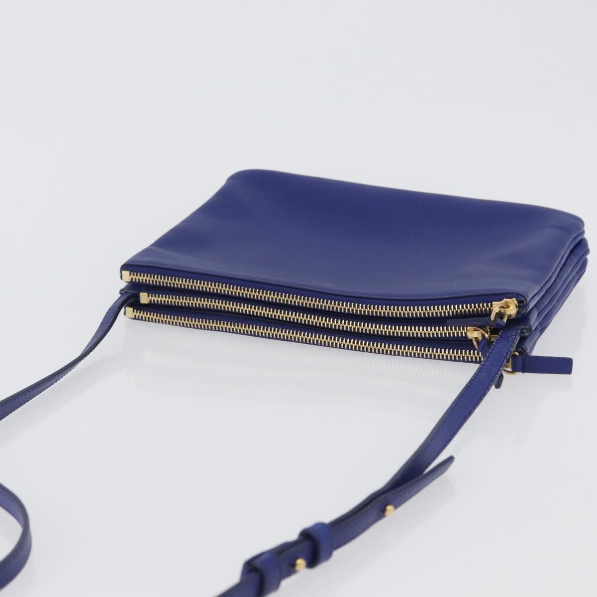 CELINE Trio Large Shoulder Bag Leather Blue Gold Auth ki6538