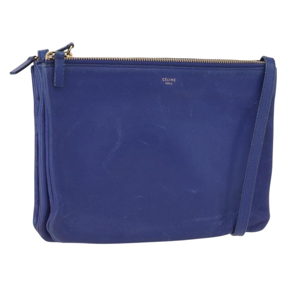 CELINE Trio Large Shoulder Bag Leather Blue Gold Auth ki6539