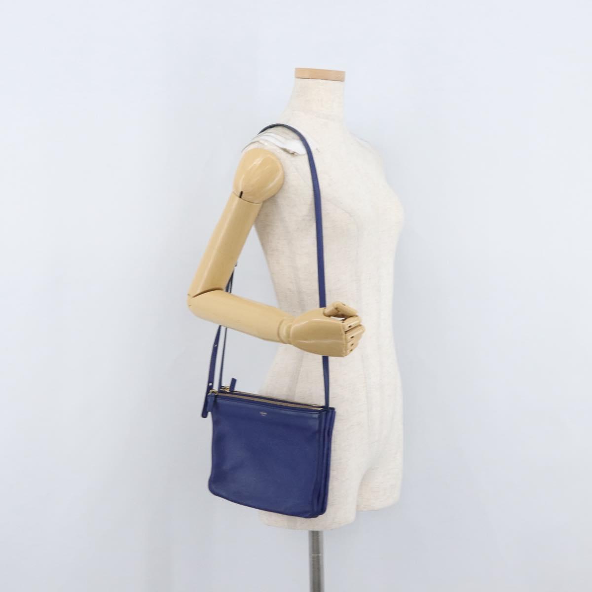 CELINE Trio Large Shoulder Bag Leather Blue Gold Auth ki6539