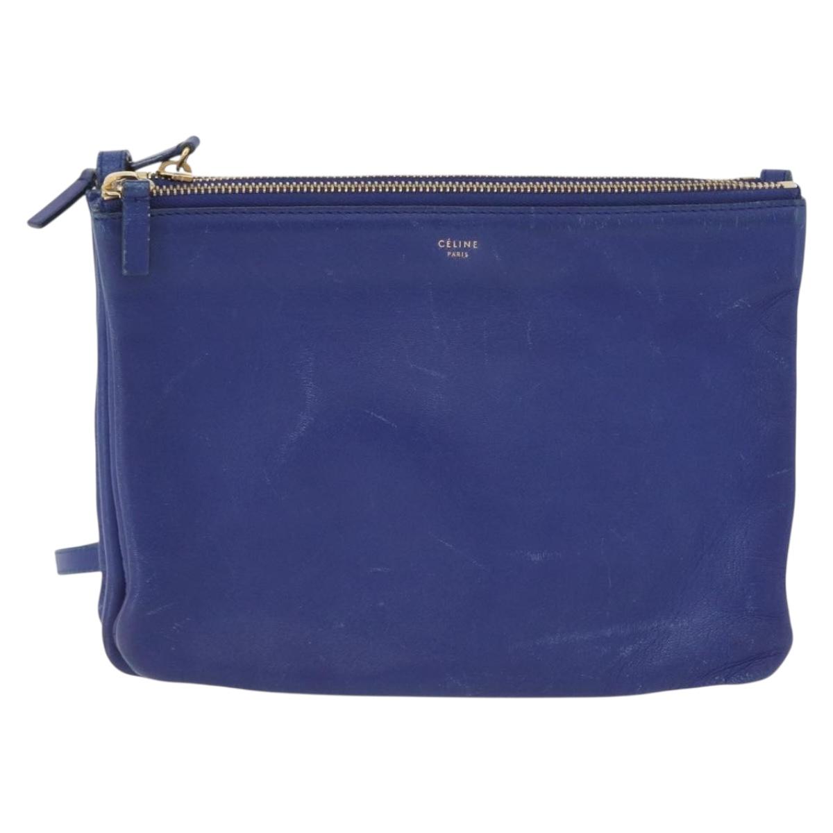 CELINE Trio Large Shoulder Bag Leather Blue Gold Auth ki6539