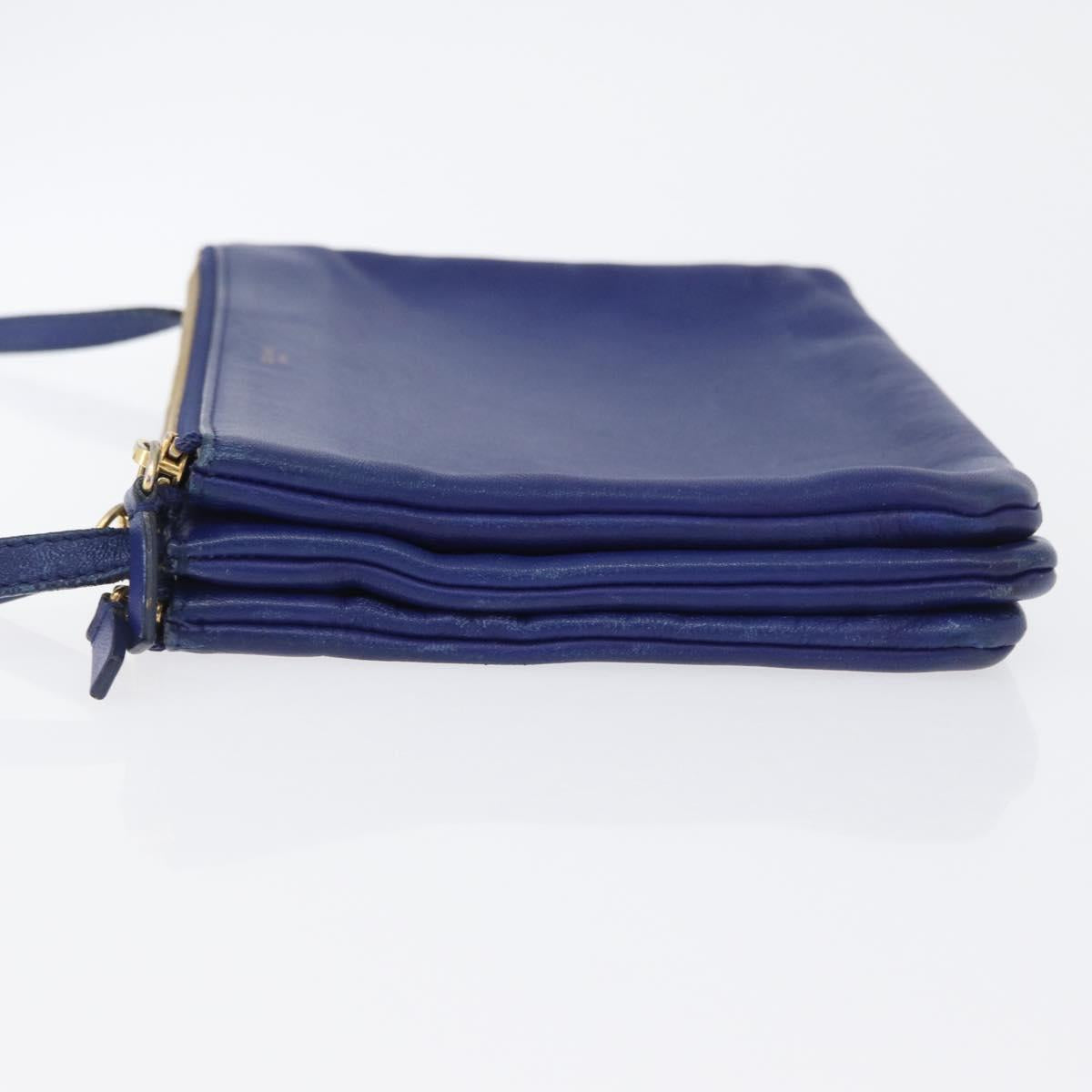 CELINE Trio Large Shoulder Bag Leather Blue Gold Auth ki6539