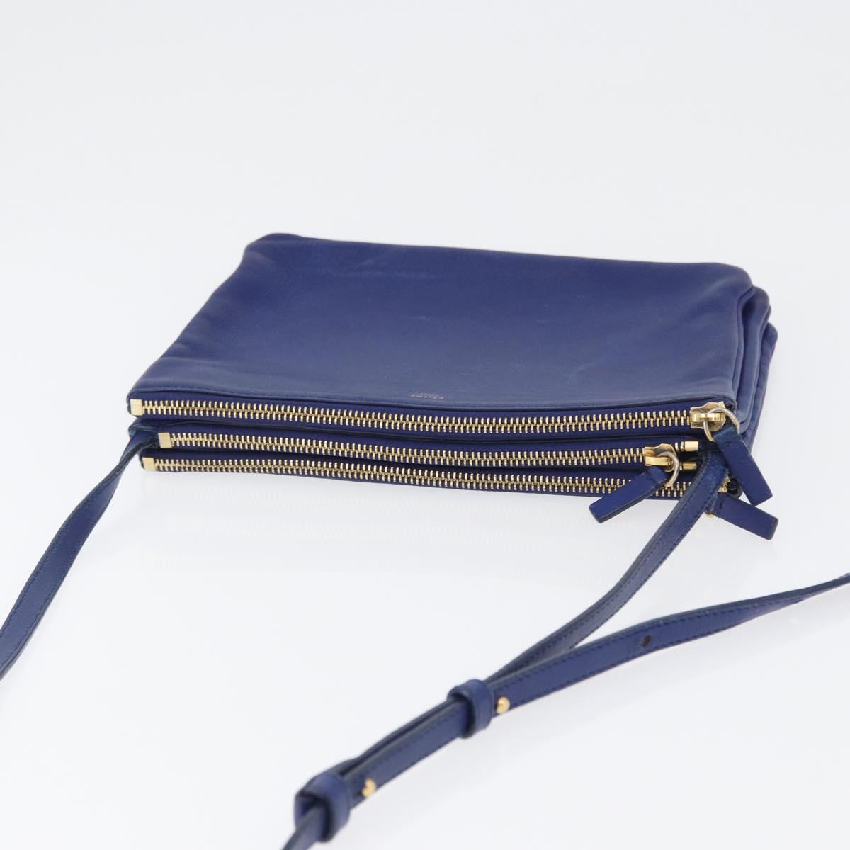 CELINE Trio Large Shoulder Bag Leather Blue Gold Auth ki6539