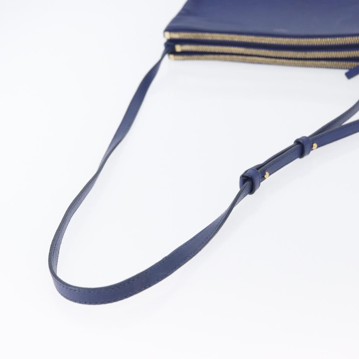 CELINE Trio Large Shoulder Bag Leather Blue Gold Auth ki6539