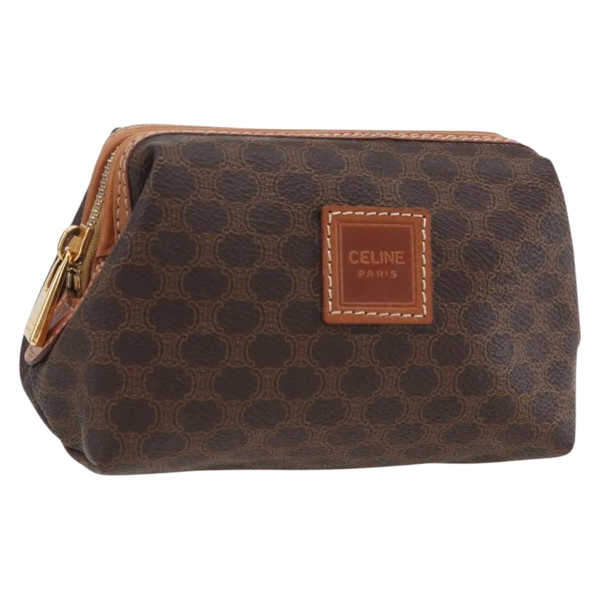 CELINE Macadam Canvas Pouch PVC Leather Brown Gold Auth ki6546