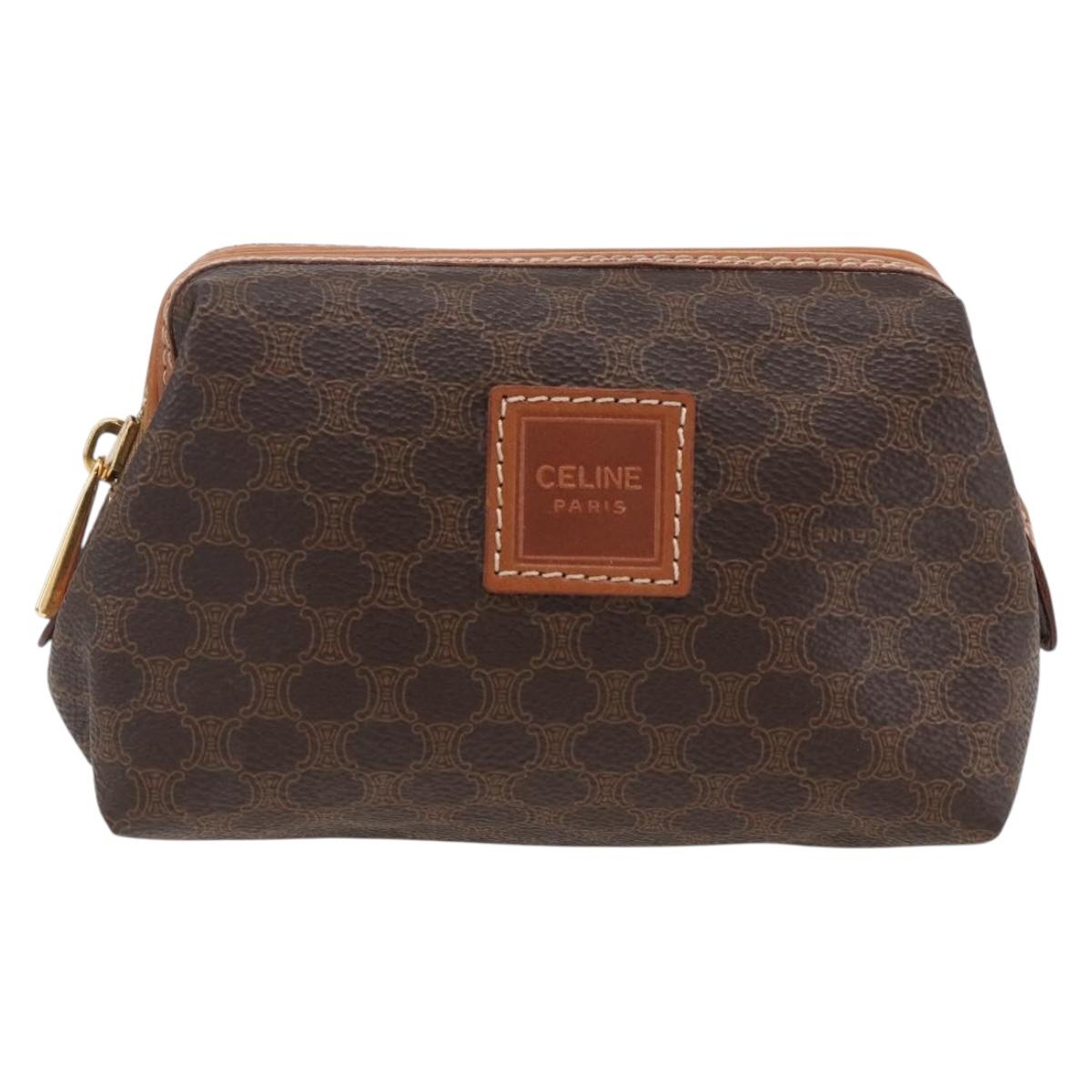 CELINE Macadam Canvas Pouch PVC Leather Brown Gold Auth ki6546