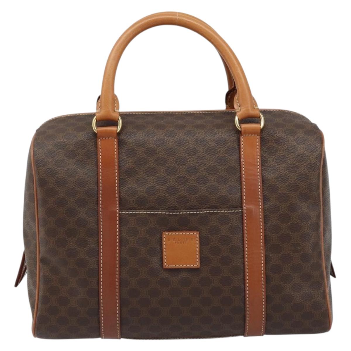 CELINE Macadam Canvas Boston Bag PVC Leather Brown Gold Auth ki6547