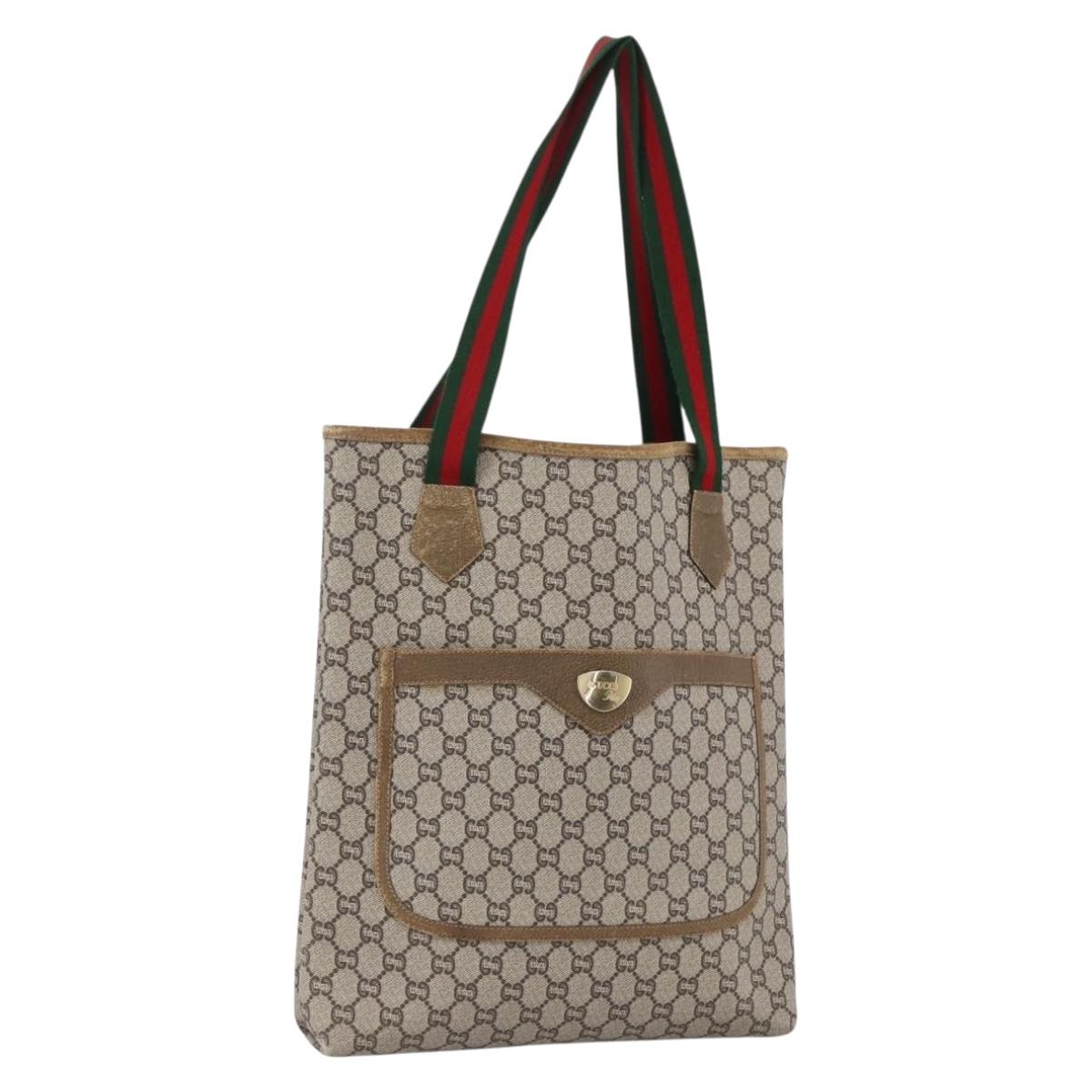 GUCCI GG Plus Supreme Web Sherry Line Tote Bag PVC Beige Gold Auth ki6556