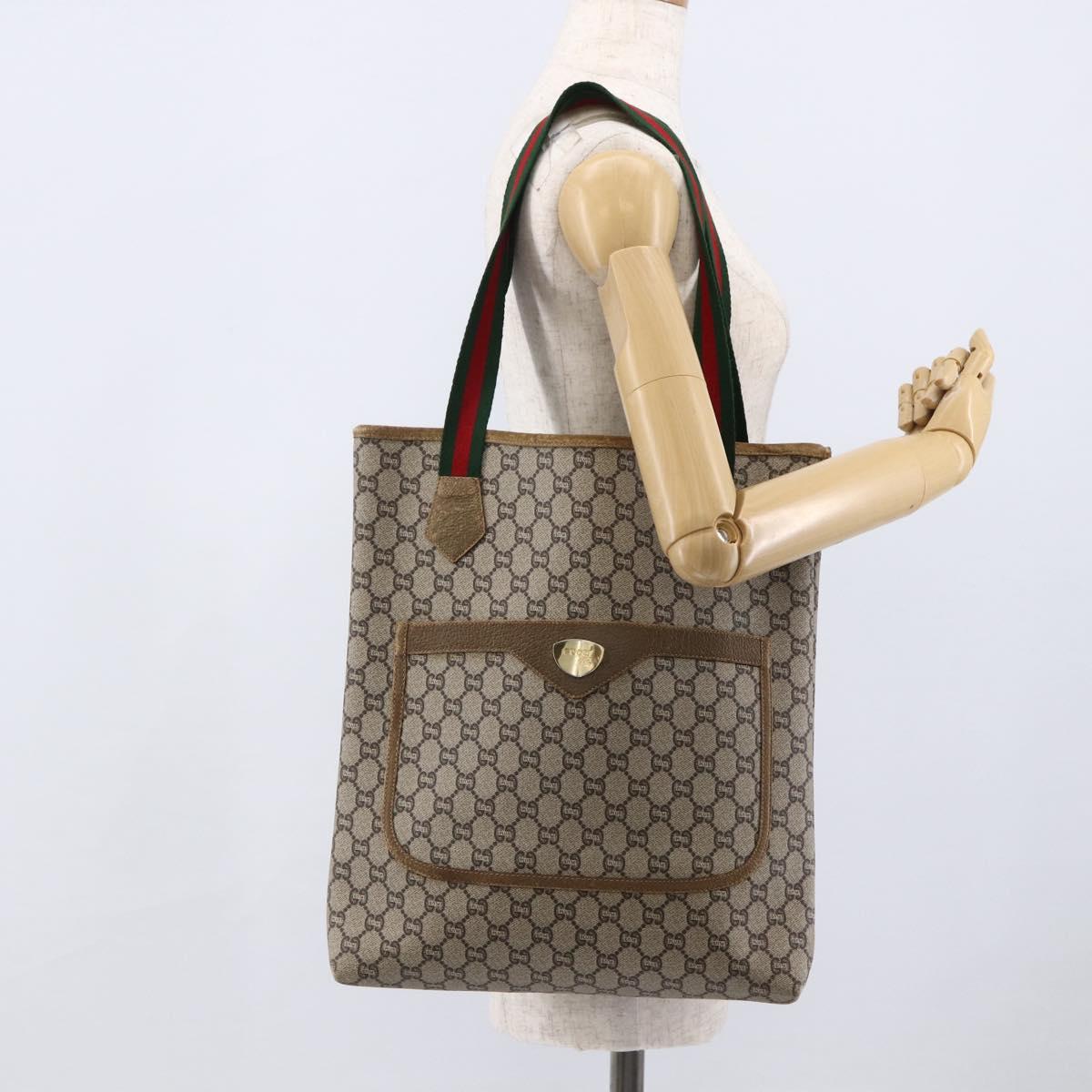 GUCCI GG Plus Supreme Web Sherry Line Tote Bag PVC Beige Gold Auth ki6556