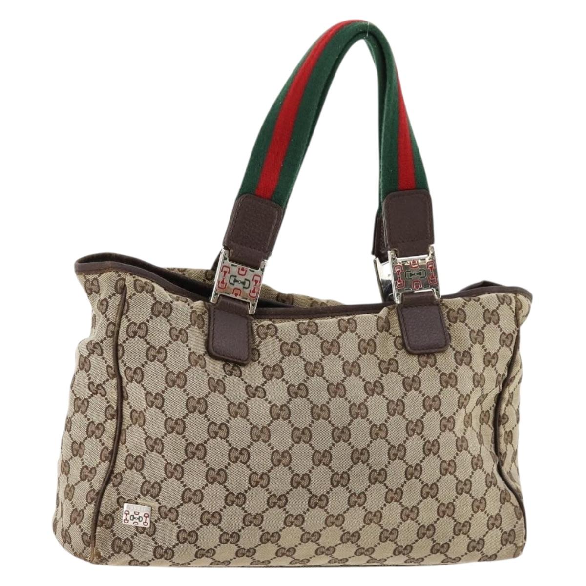 GUCCI GG Canvas Web Sherry Line Tote Bag Beige Silver 145758 Auth ki6564