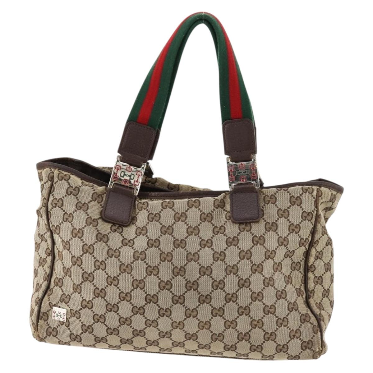 GUCCI GG Canvas Web Sherry Line Tote Bag Beige Silver 145758 Auth ki6564
