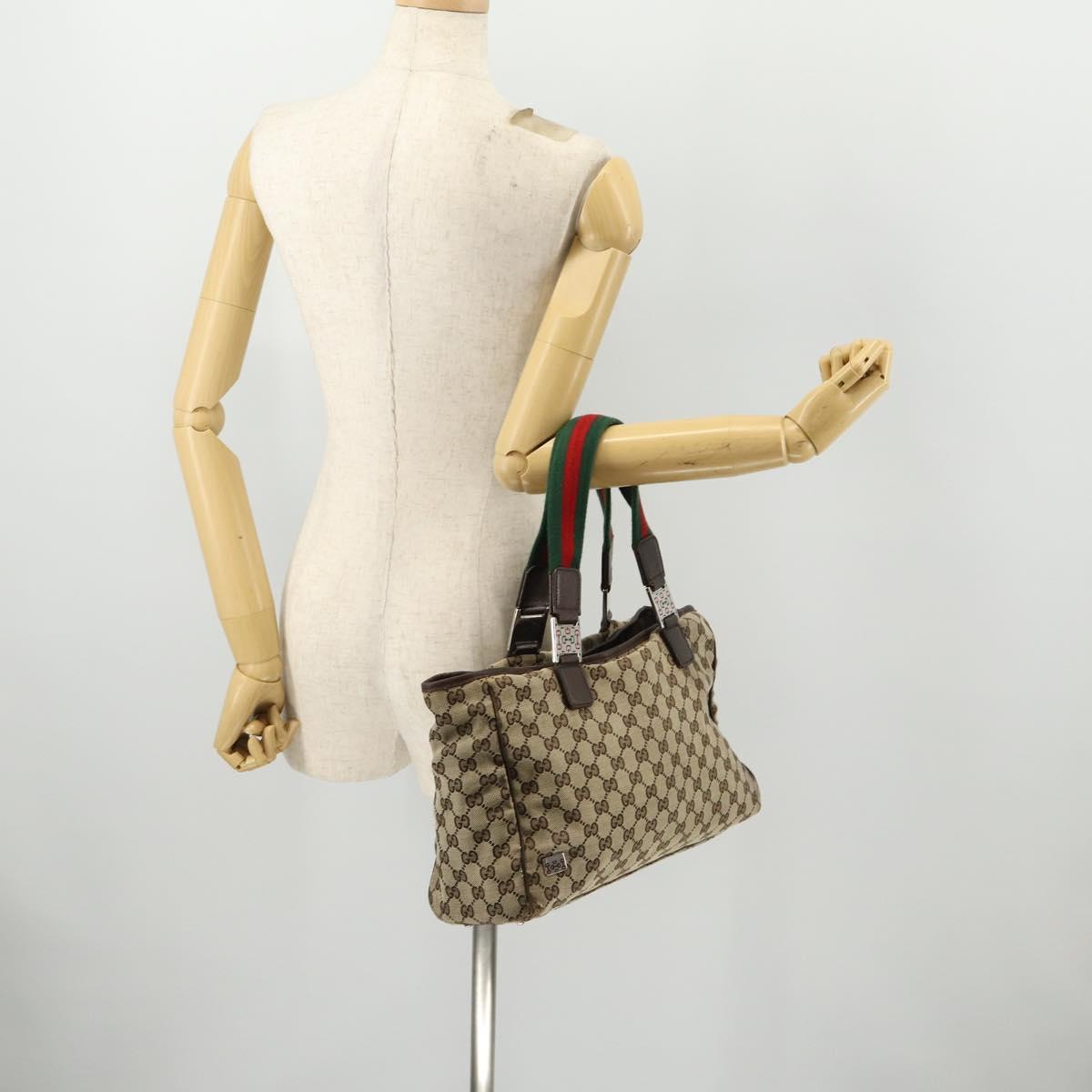 GUCCI GG Canvas Web Sherry Line Tote Bag Beige Silver 145758 Auth ki6564