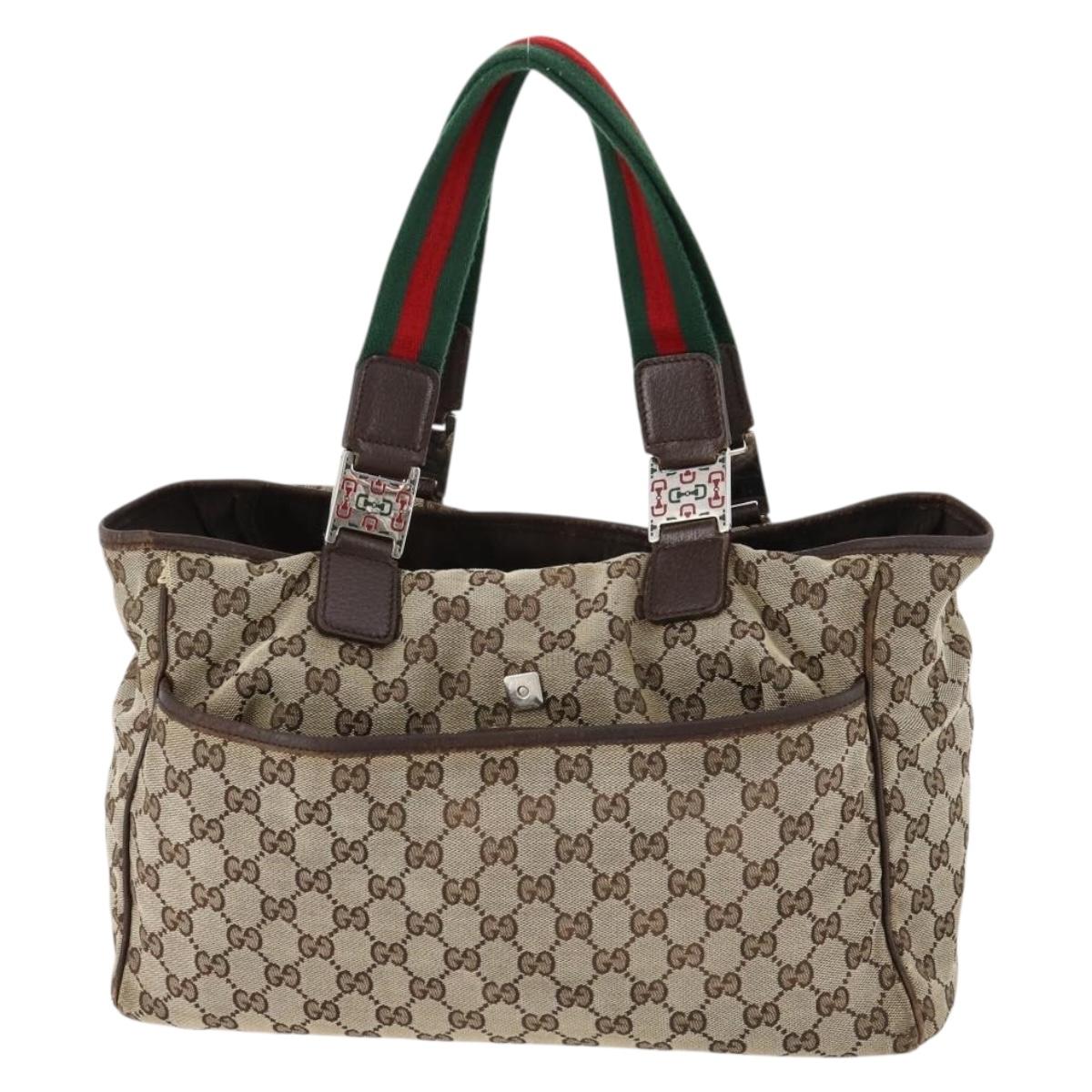 GUCCI GG Canvas Web Sherry Line Tote Bag Beige Silver 145758 Auth ki6564