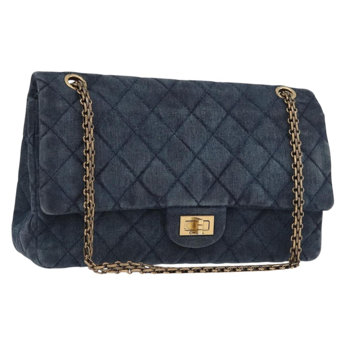 CHANEL Double Flap Chain Matelasse Shoulder Bag Denim Blue Gold CC Auth ki6569SAM