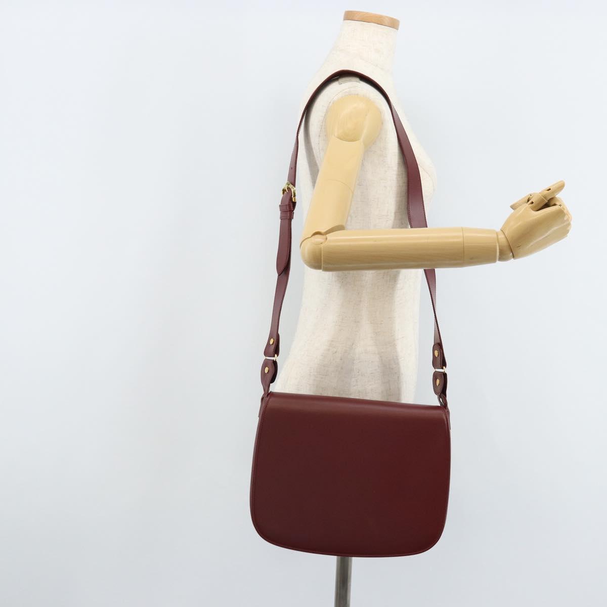 CARTIER Shoulder Bag Leather Bordeaux Gold Auth ki6589