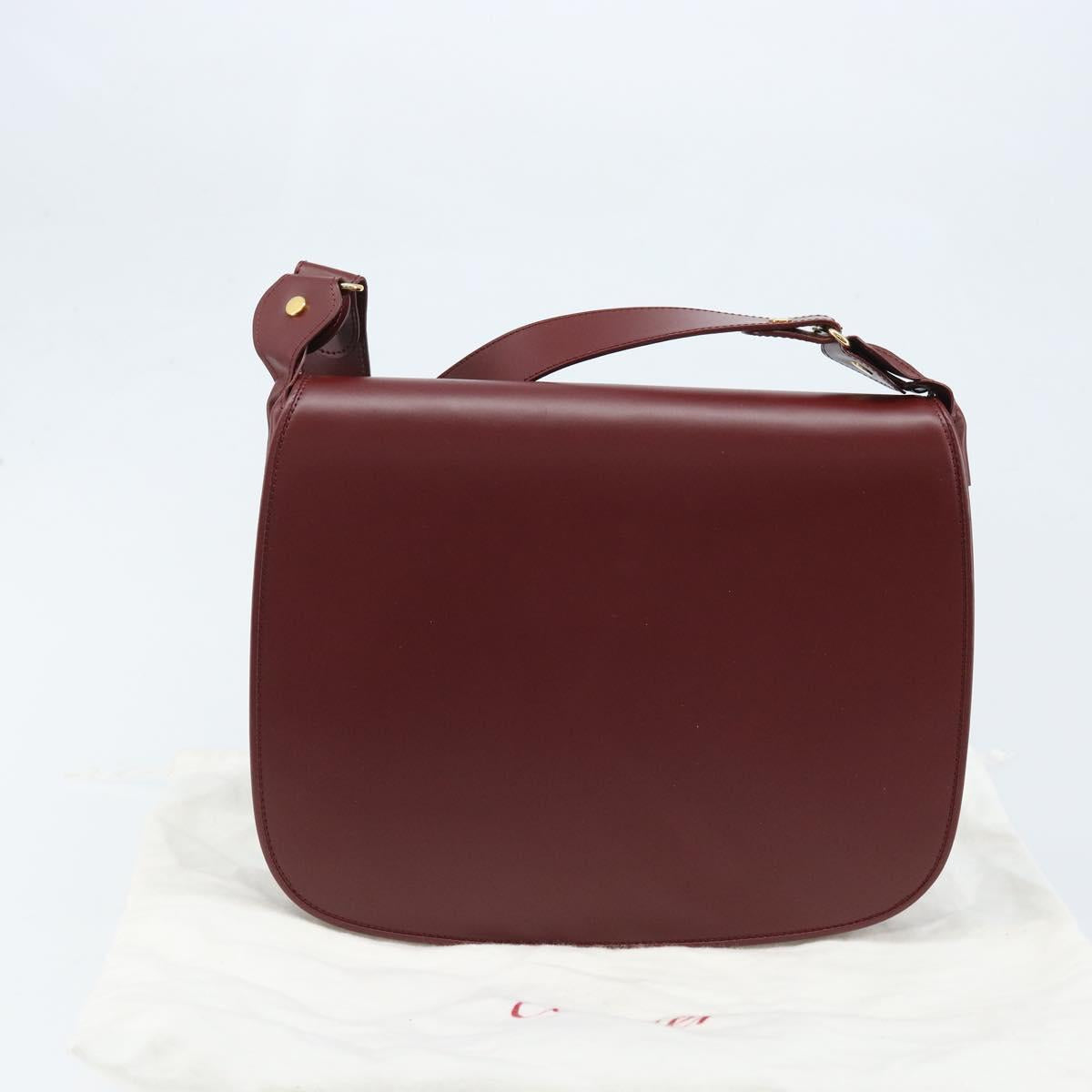 CARTIER Shoulder Bag Leather Bordeaux Gold Auth ki6589