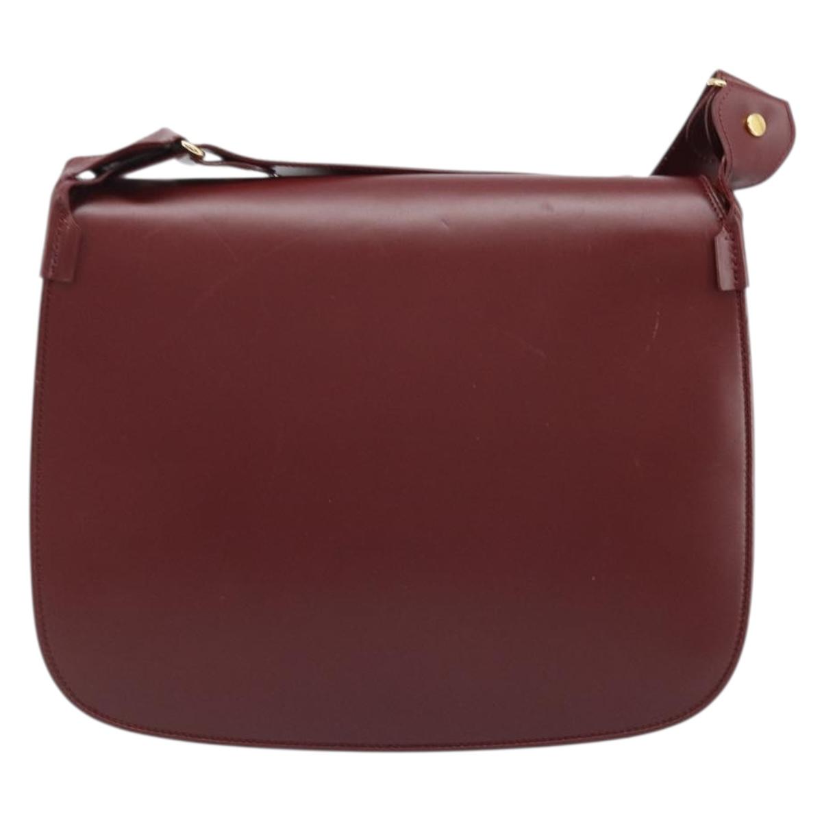 CARTIER Shoulder Bag Leather Bordeaux Gold Auth ki6589