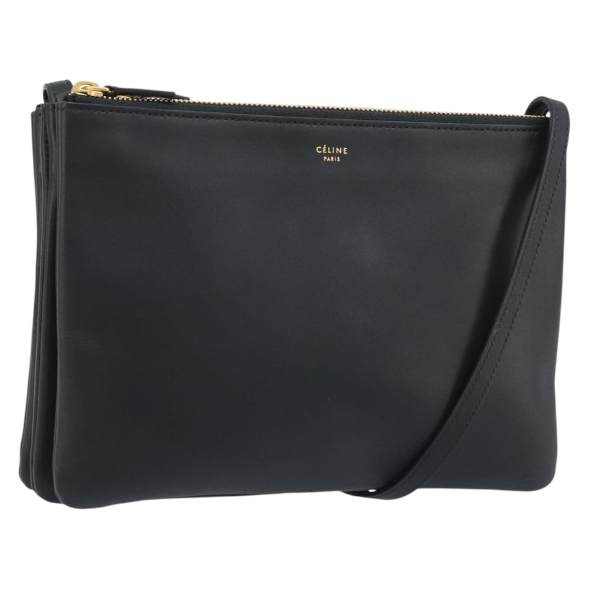 CELINE Shoulder Bag Leather Black Gold Auth ki6590V