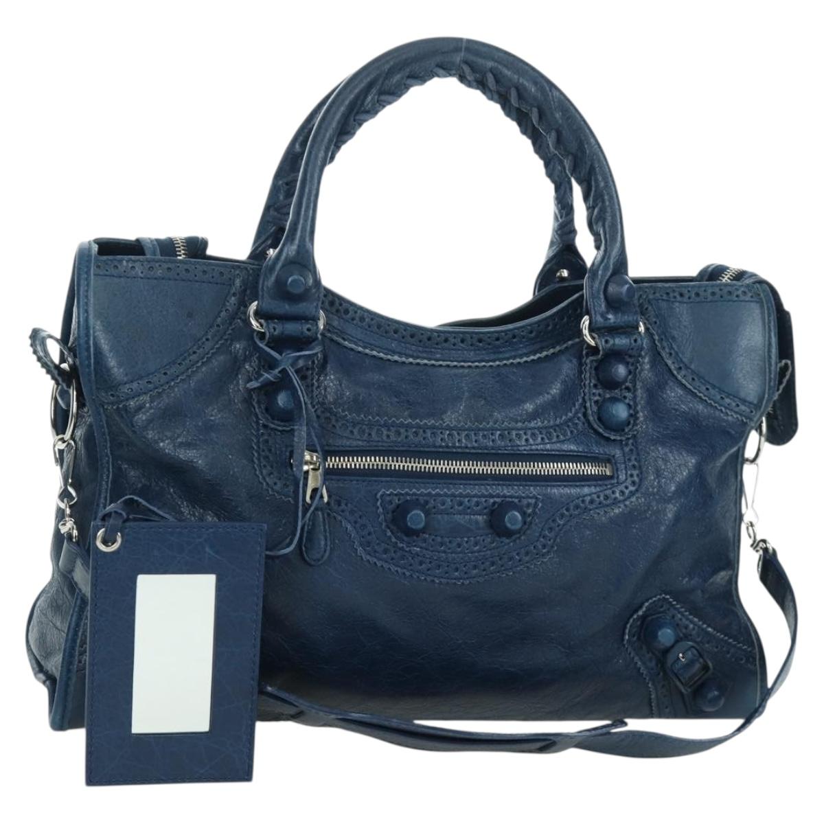 BALENCIAGA Giant City Hand Bag Leather 2way Blue Silver 258044 Auth ki6596SAM