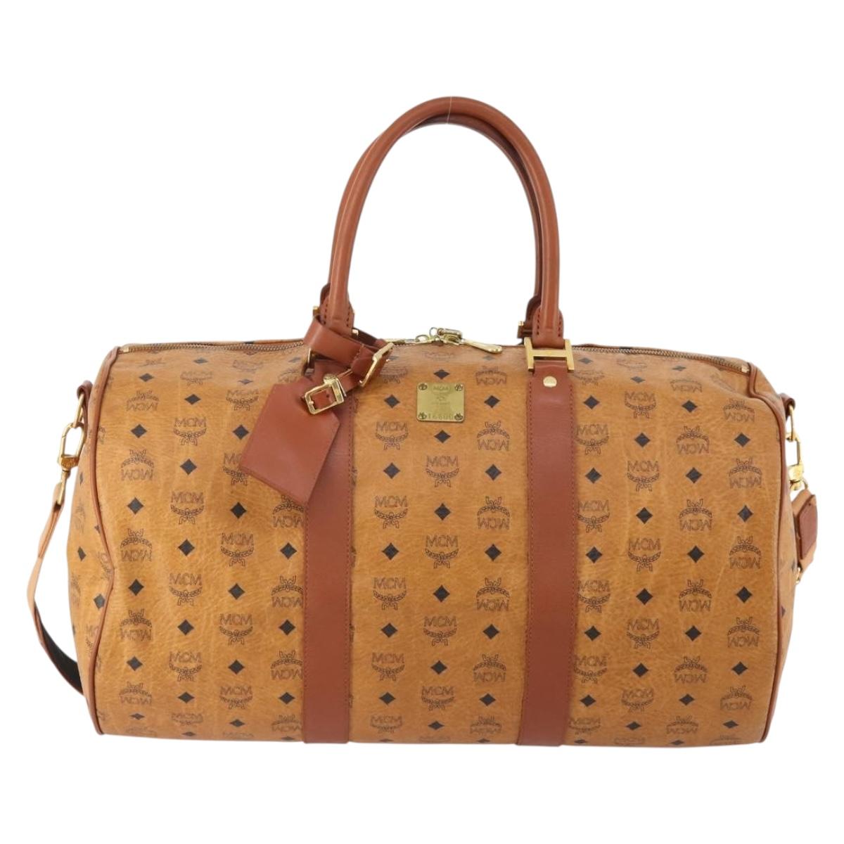 MCM Vicetos Logogram Boston Bag PVC Leather 2way Brown Gold Auth ki6602