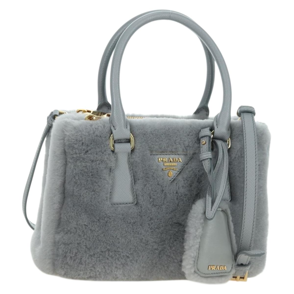 PRADA MONTONE Faux Fur Galleria Shoulder Bag Fur 2way Gray Gold Auth ki6631M