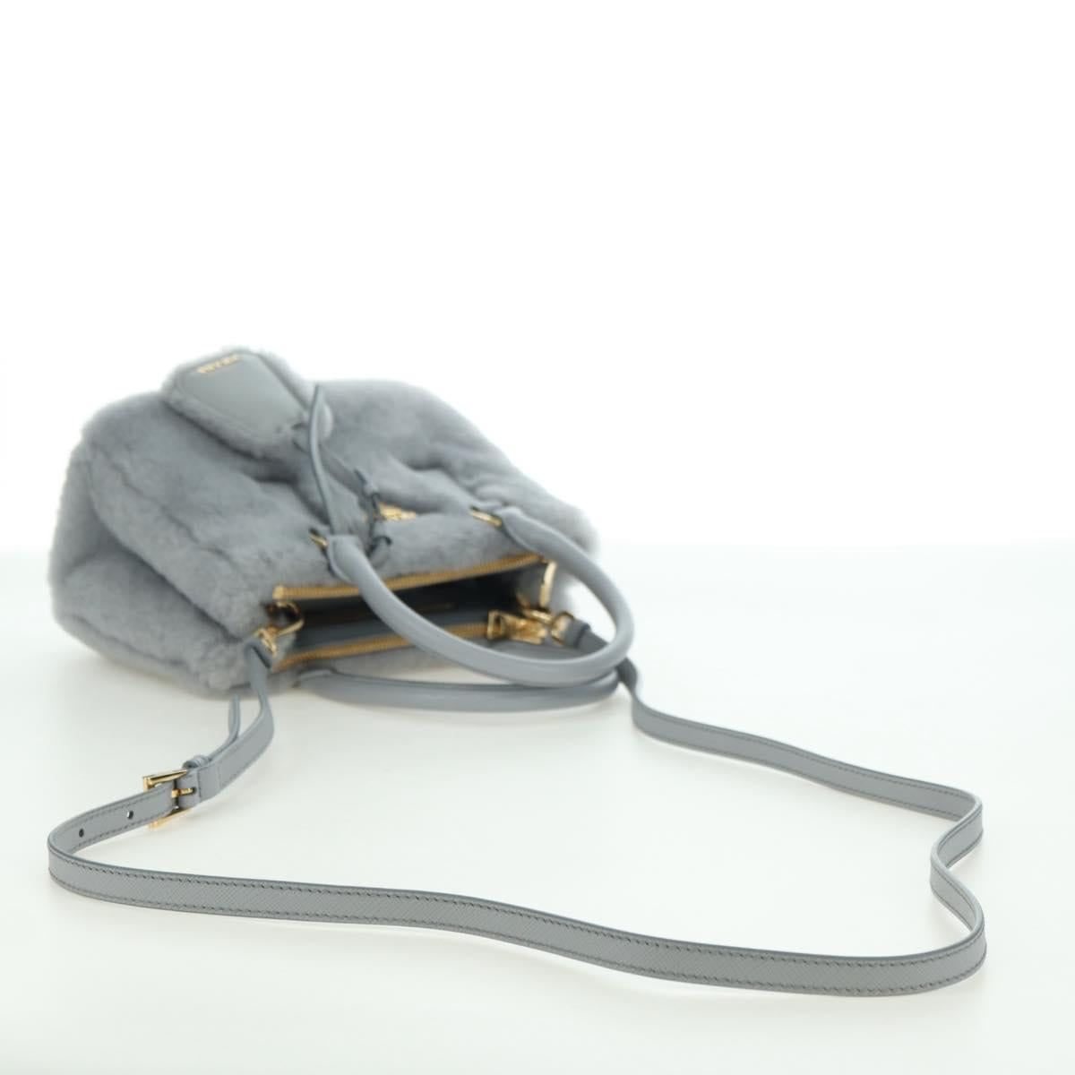 PRADA MONTONE Faux Fur Galleria Shoulder Bag Fur 2way Gray Gold Auth ki6631M