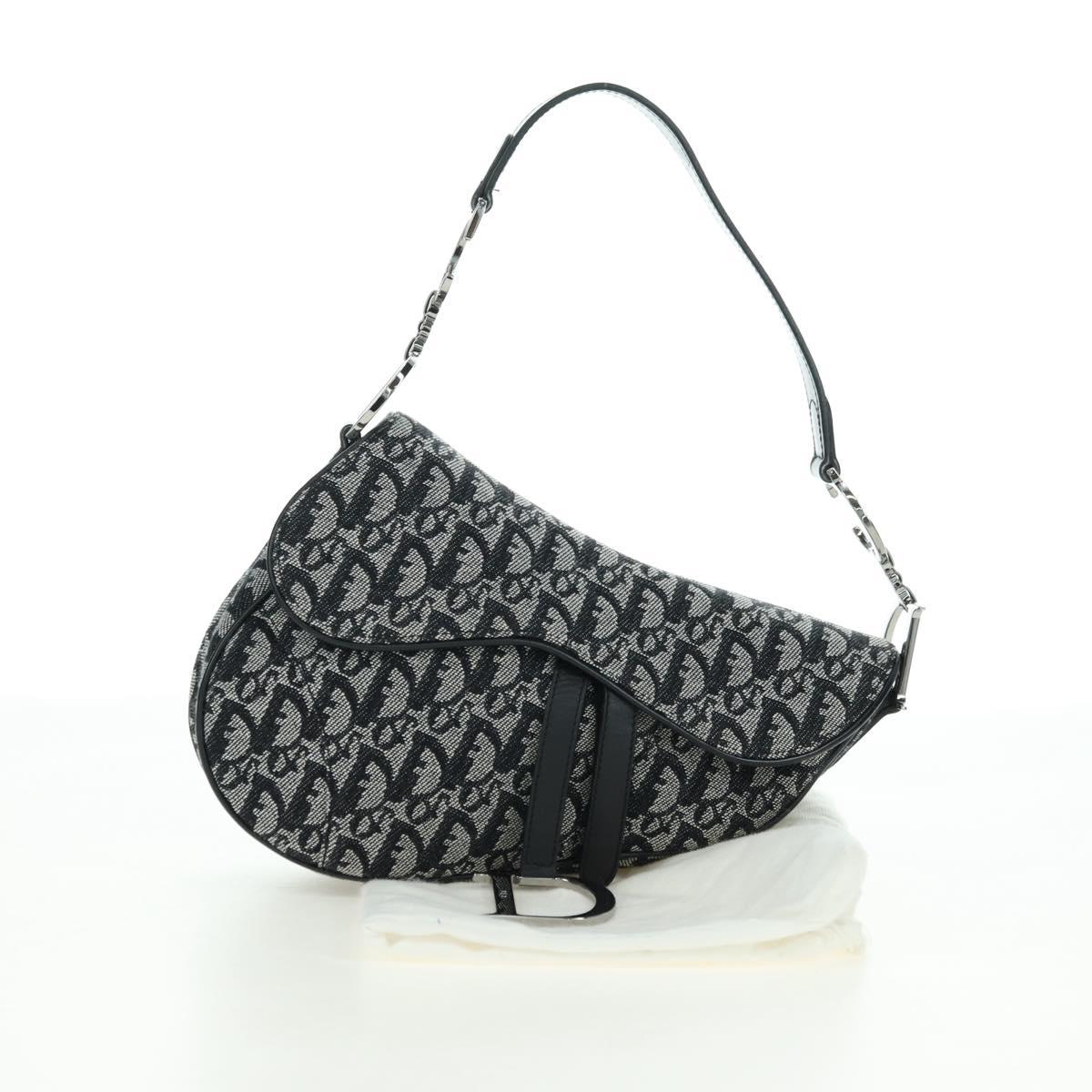 Christian Dior Trotter Canvas Saddle Bag Hand Bag Black Silver Auth ki6640M