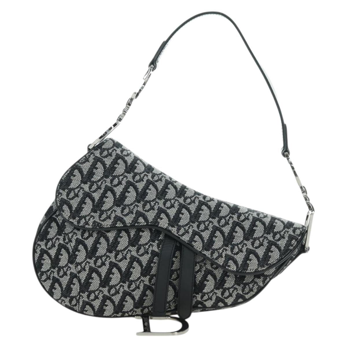 Christian Dior Trotter Canvas Saddle Bag Hand Bag Black Silver Auth ki6640M