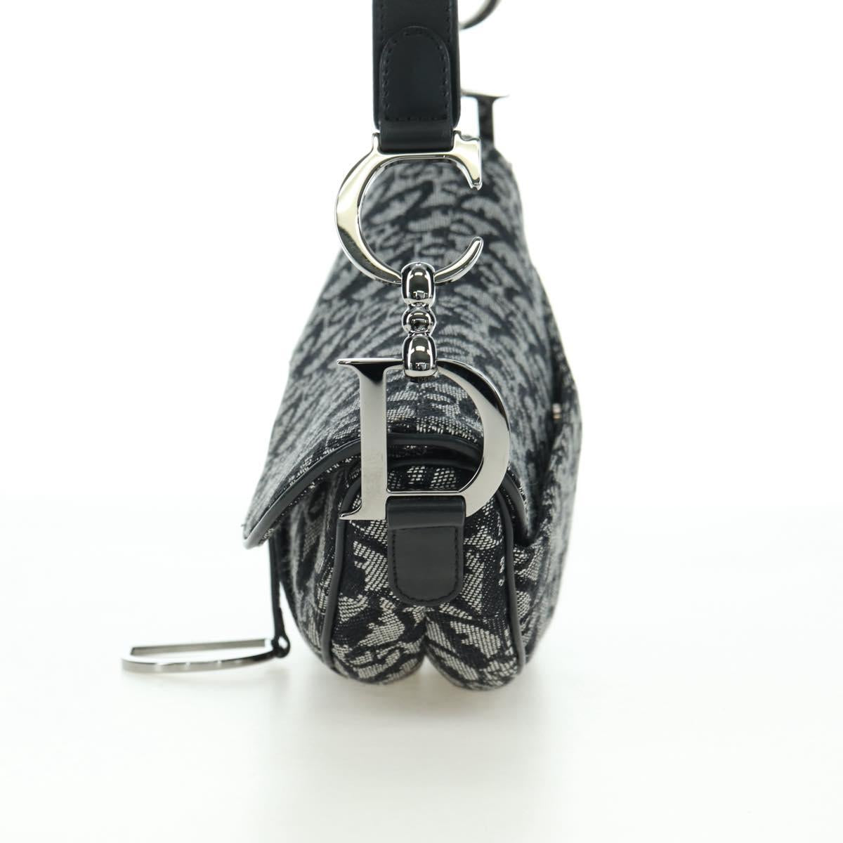 Christian Dior Trotter Canvas Saddle Bag Hand Bag Black Silver Auth ki6640M