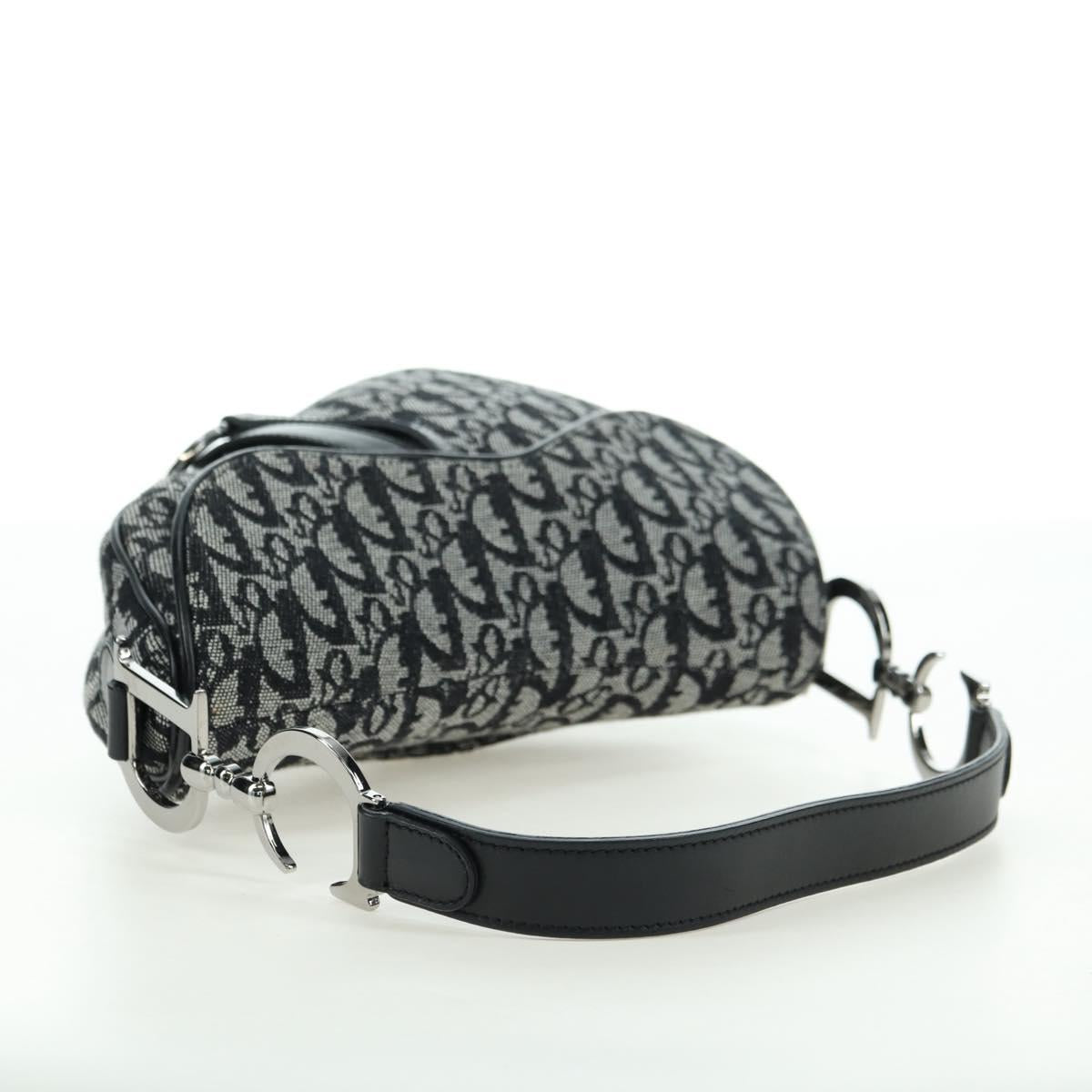 Christian Dior Trotter Canvas Saddle Bag Hand Bag Black Silver Auth ki6640M