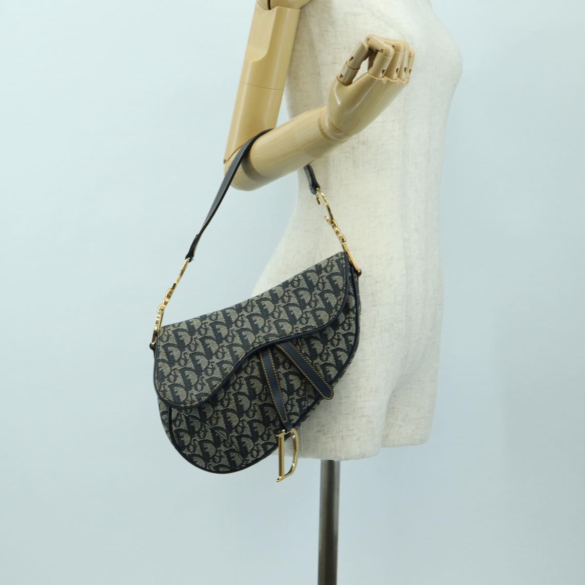 Christian Dior Trotter Canvas Saddle Bag Hand Bag Navy Gold Auth ki6641SV
